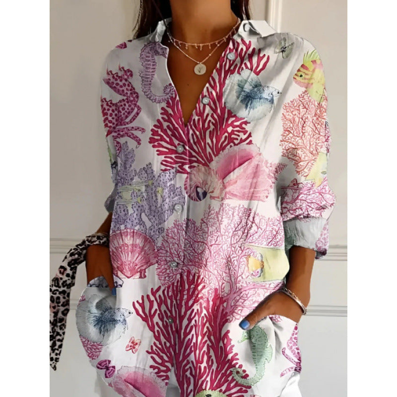 New Floral Print Long-sleeved Shirt Women's Casual Button Tops Clothing