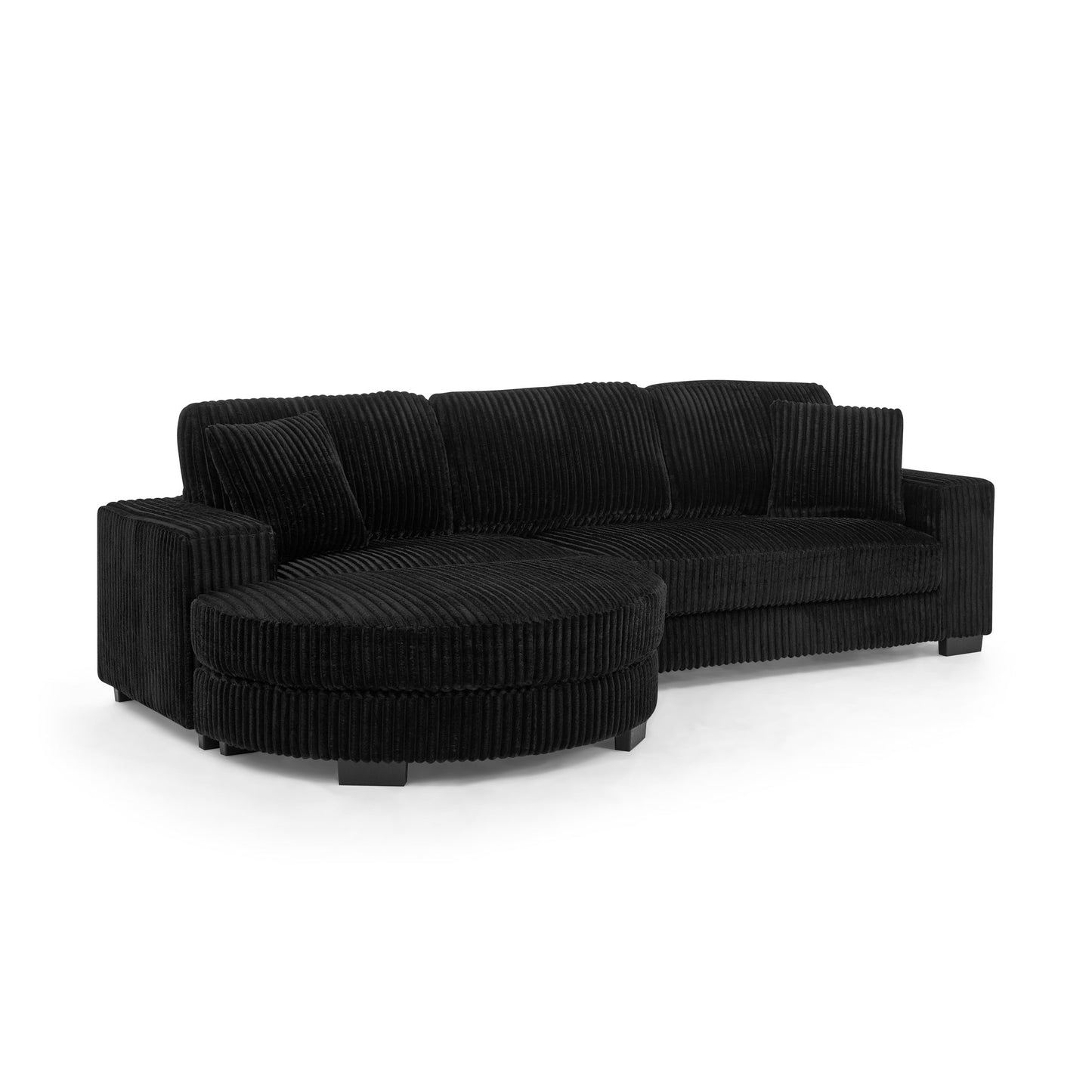 NEW Black Corduroy Tufted Upholstered Sleeper Sectional Sofa, L-Shaped Modular Convertible Sofa with Arc-Shaped Footstool