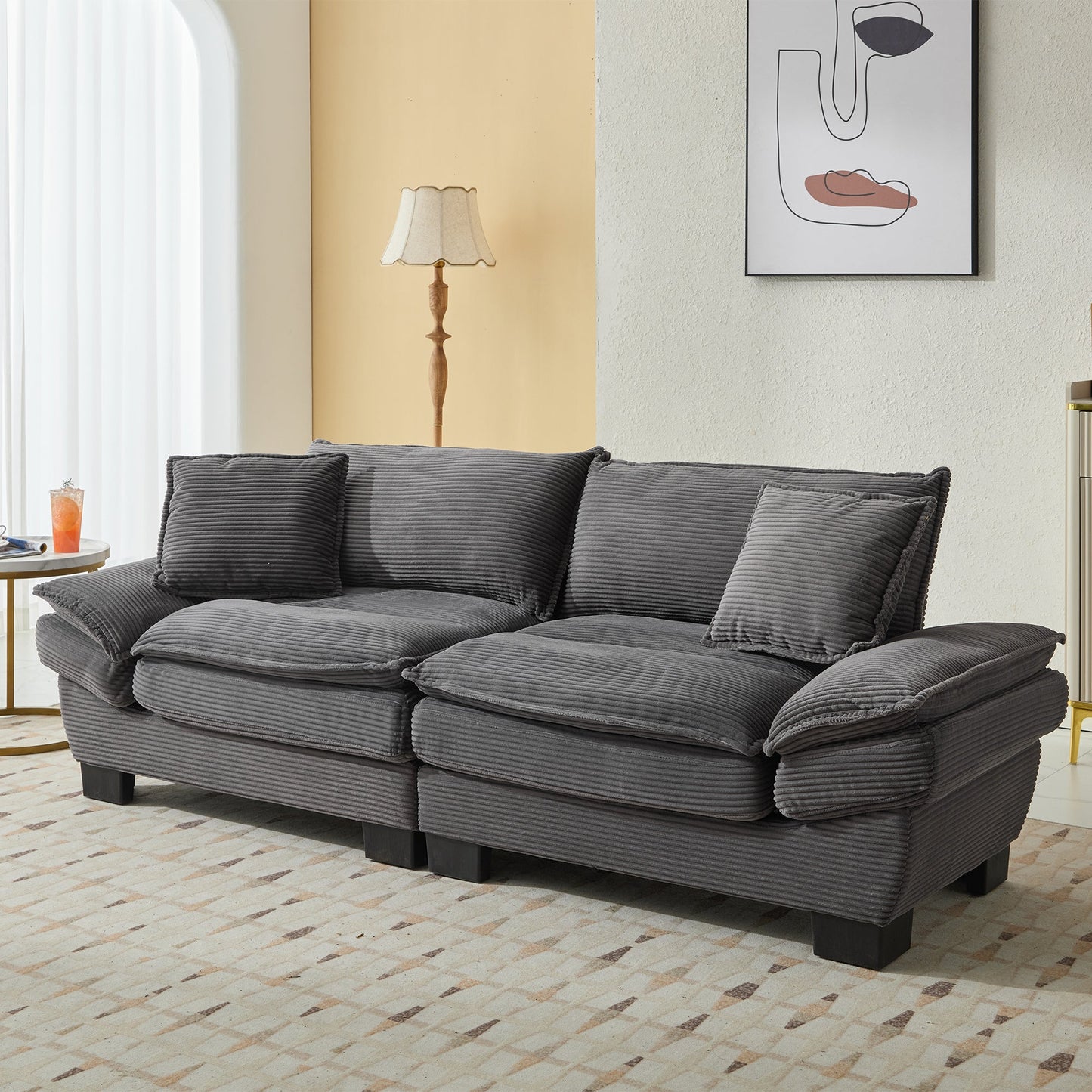 NEW Comfy Grey Upholstered Deep Seat Corduroy Sofa Sleeper Couch Loveseat with Pillows