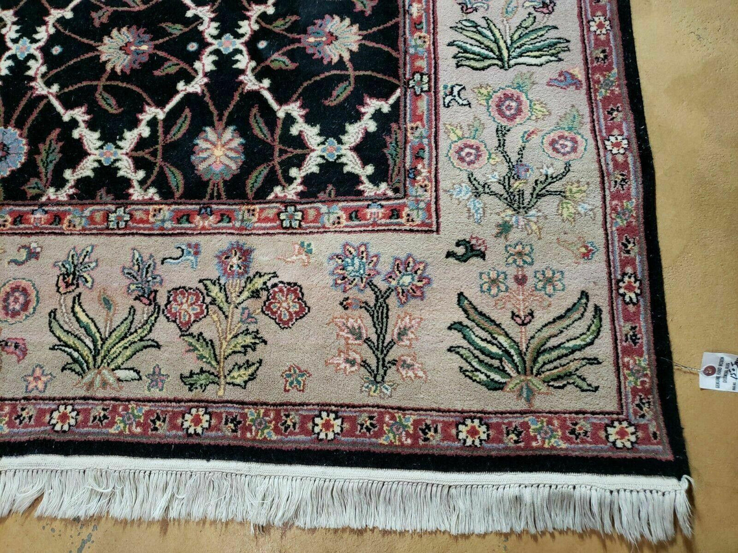 USED 6' X 9' Handmade India Floral Oriental Wool Rug Carpet Hand Knotted Nice Black