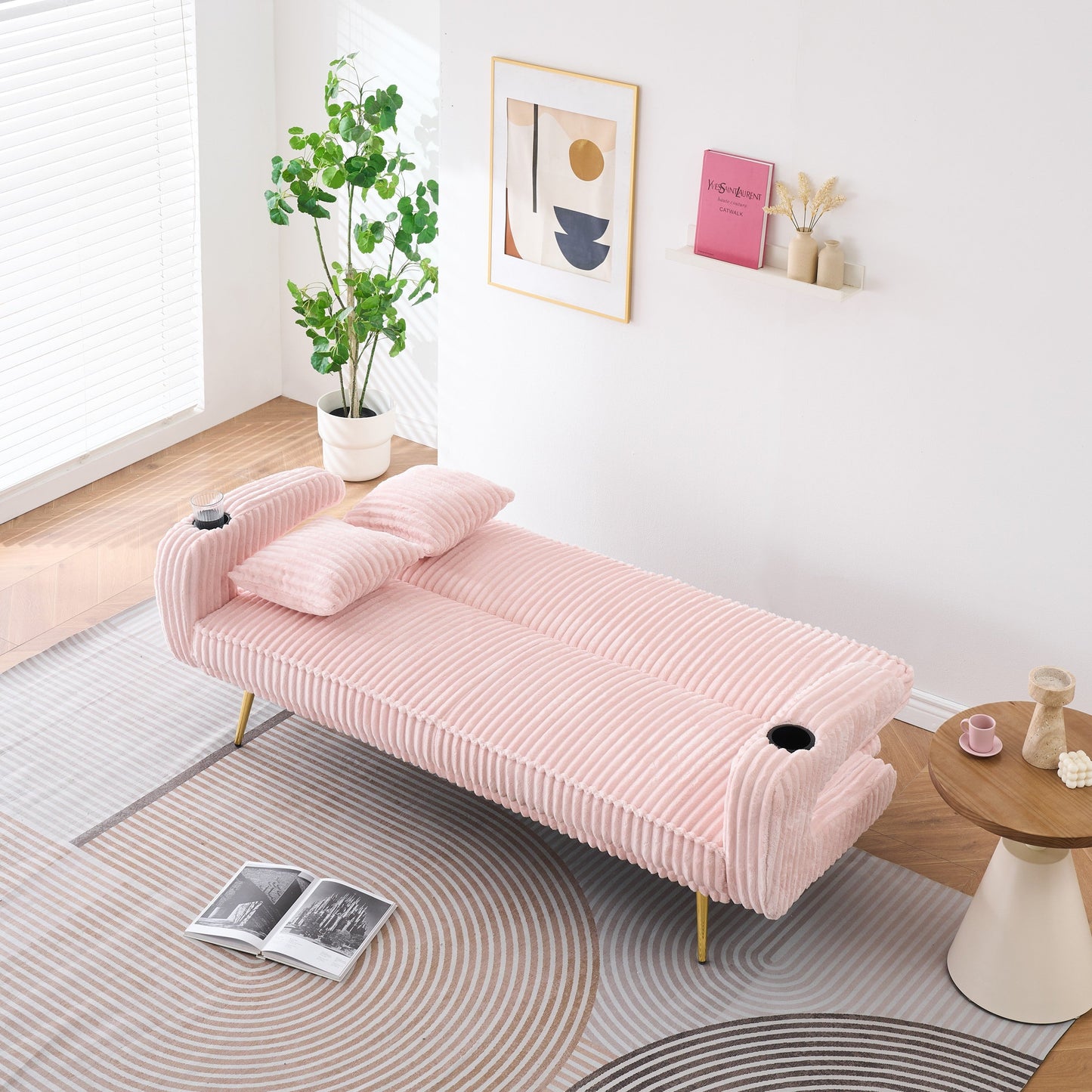 NEW 74 inch Straight Pink Corduroy Adjustable  Sofa Bed with Pillows