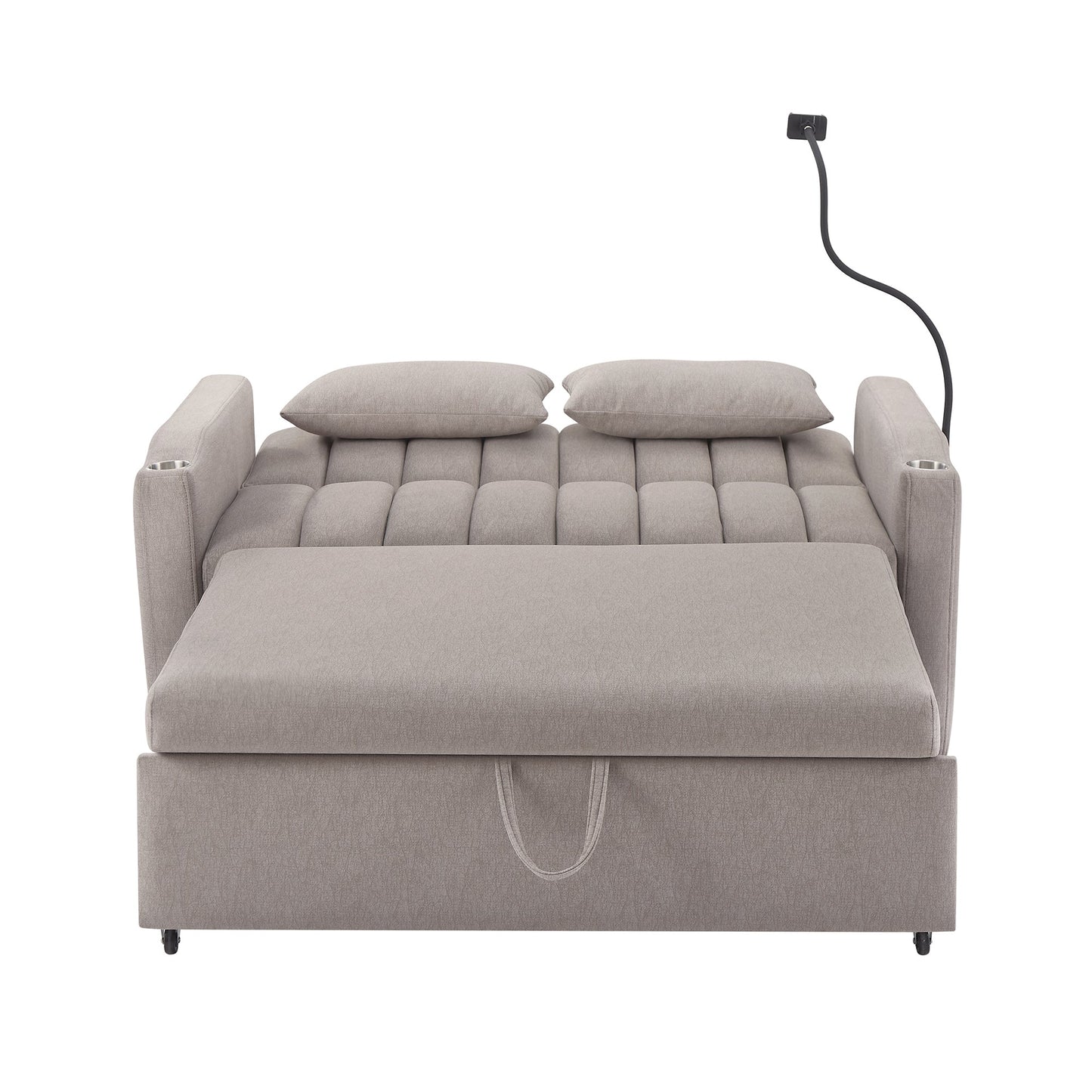 NEW Convertible Sofa Bed Loveseat with USB Ports, Side Pockets, Cup Holders & Swivel Phone Holder, Light Grey Bella Fabric