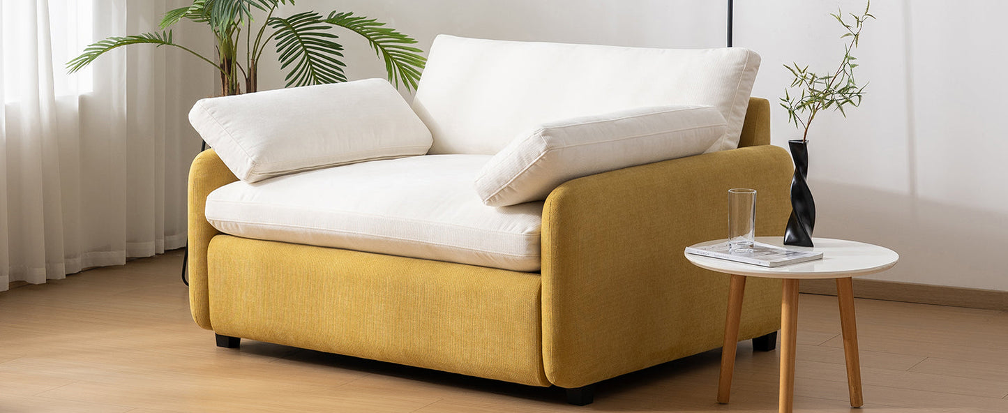 NEW Modern Oversized Chenille Armchair with Color Blocking and Pillows, 50*43' in Cream and Yellow