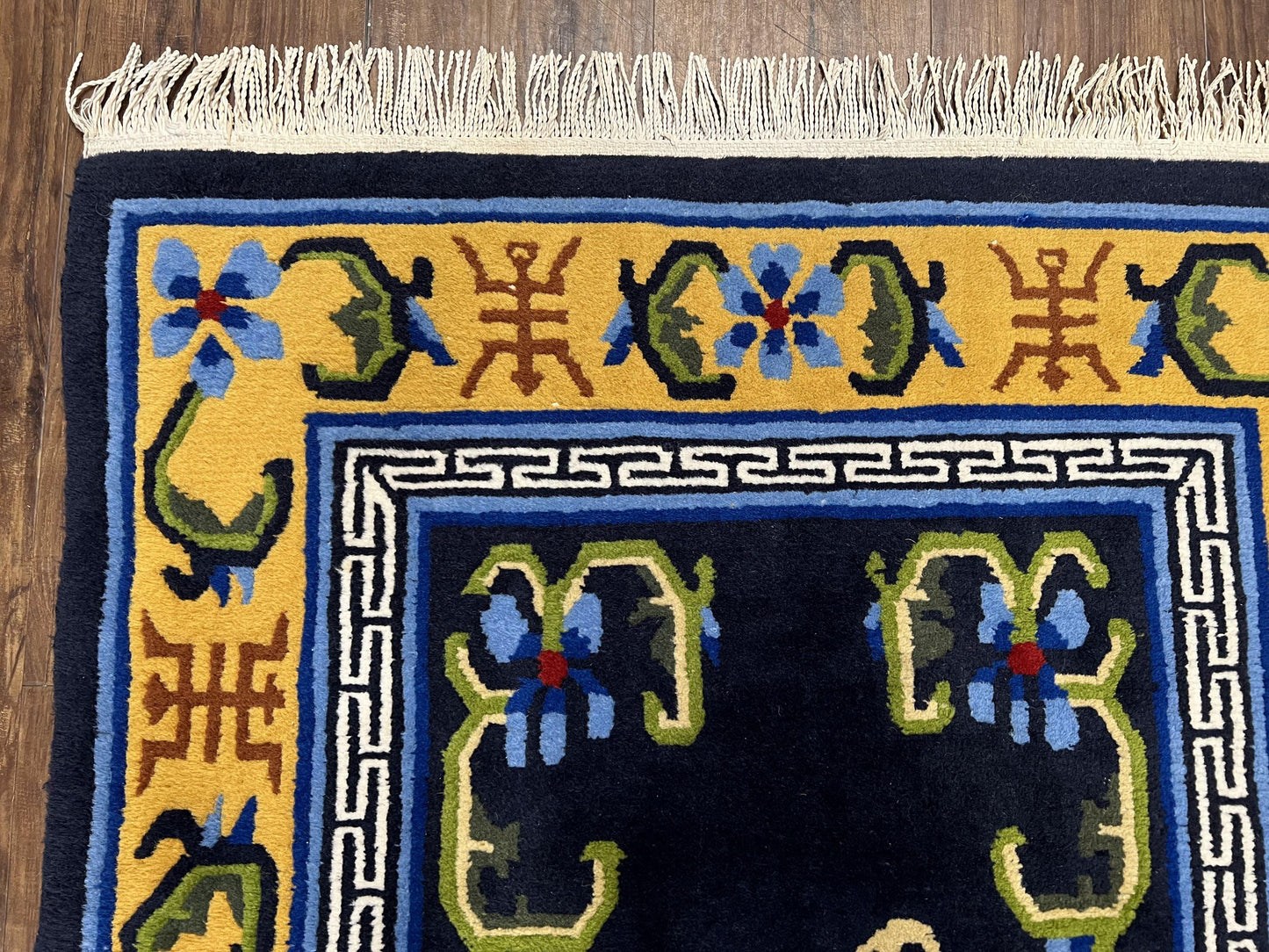 USED Chinese Art Deco Rug 3 x 5.9, Handmade Chinese Peking Carpet, Dark Blue and Gold, Medallion, Asian Oriental 3x6 Hand Knotted Vintage Rug