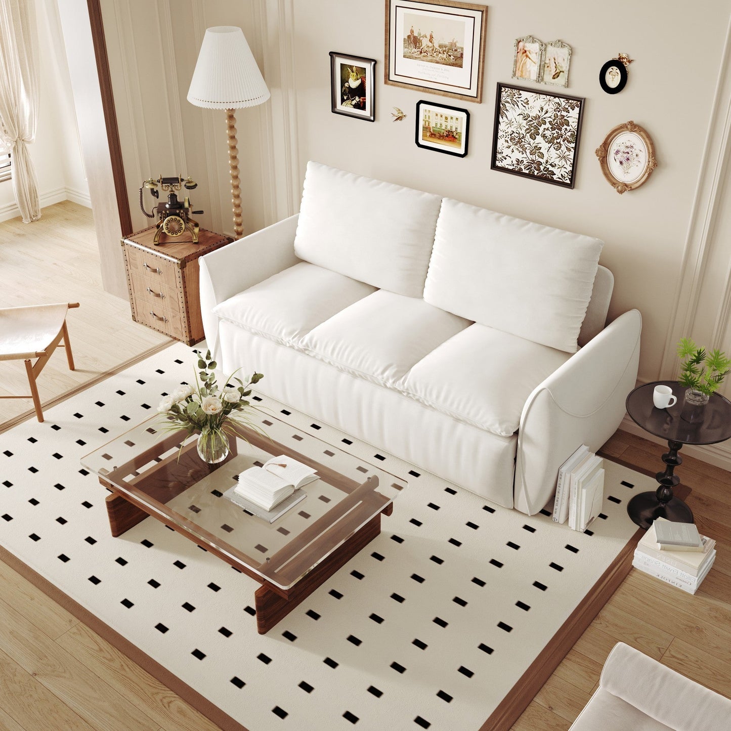 NEW 70.9' Beige Multi-Functional Velvet Loveseat Pull Out Sofa Bed 3-Seat Convertible Sleeper Couch with 2-in-1 Pillow and Blanket Set