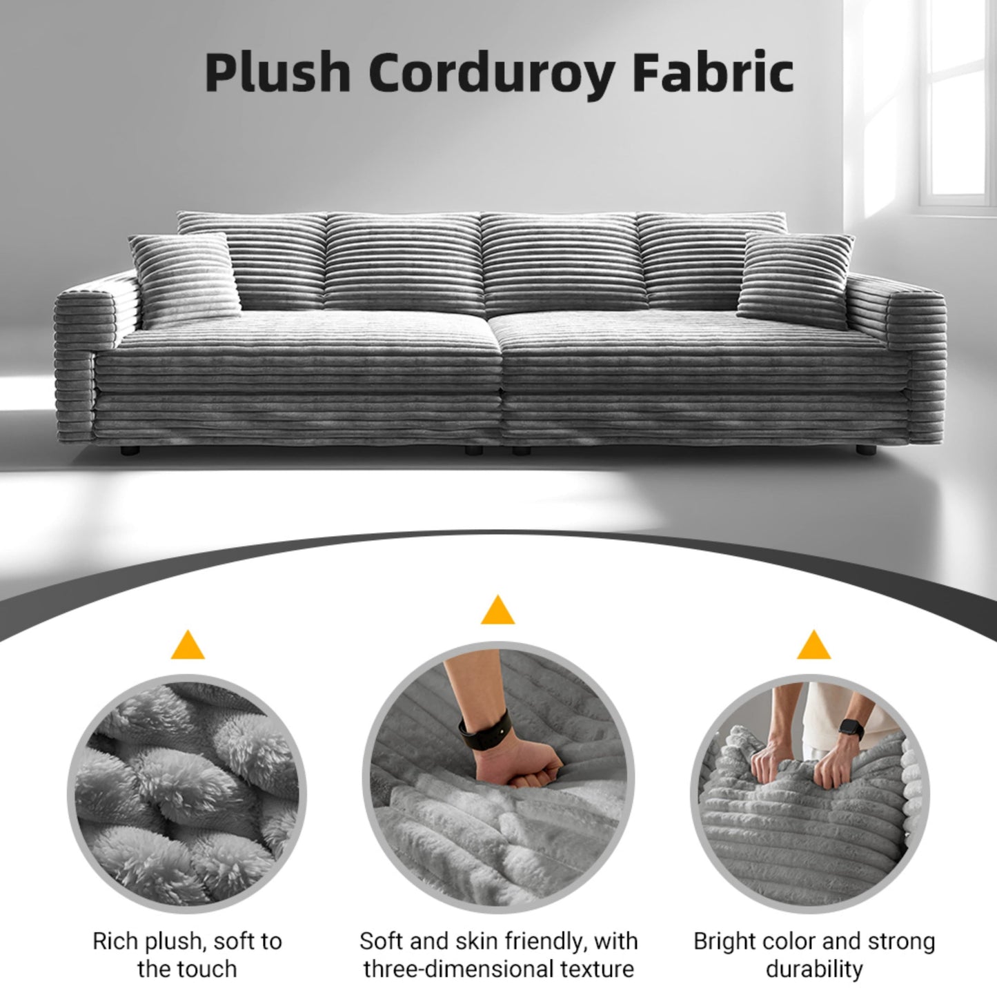 NEW 104.3' Modern Grey Convertible Lounge Chair Comfy Upholstered Plush Corduroy 4-Seat Sofa Cloud Deep Seat Couch with Soft Pillows and 2 Ottomans