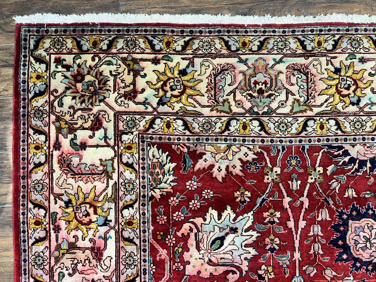 USED Persian Tabriz Rug 10x12, Floral Allover, Handmade Vintage Wool Carpet, Red and Cream