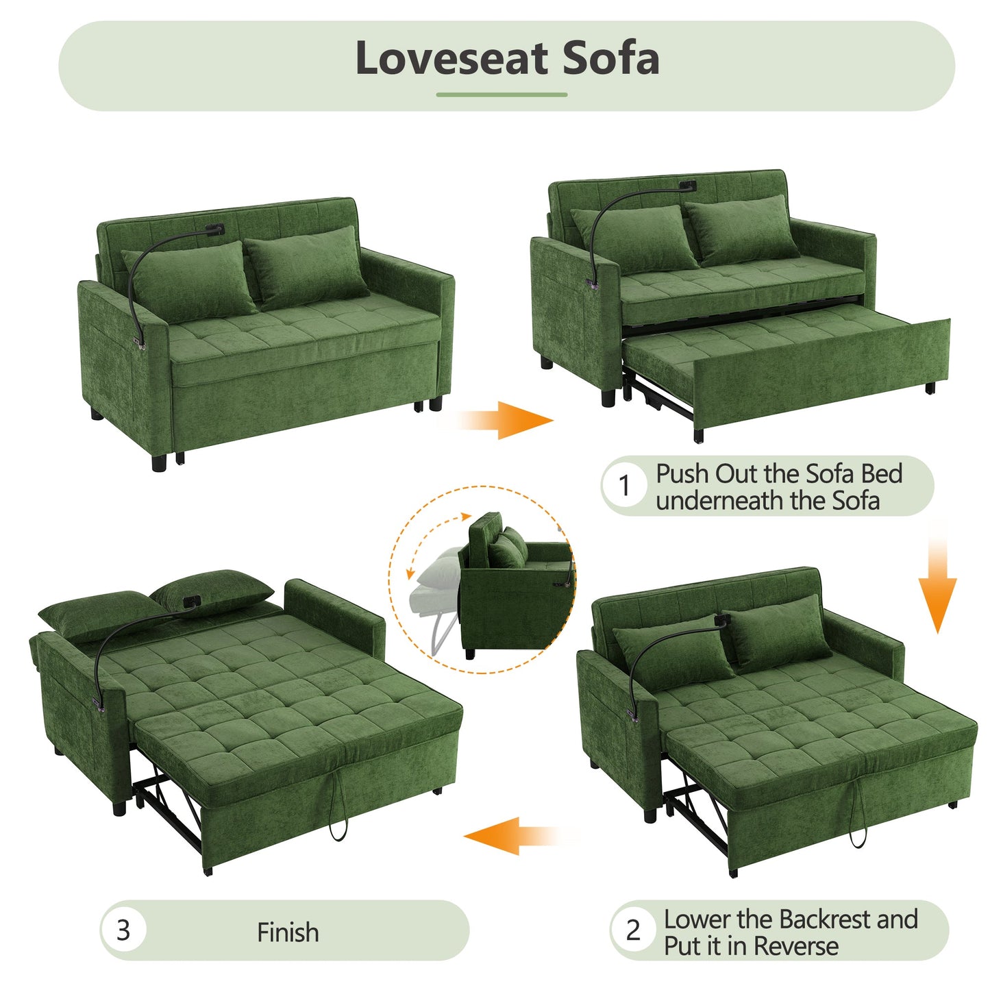 NEW 56.9' Convertible Loveseat Sofa Bed with Adjustable Backrest, USB Ports, Phone Holder, Side Pockets, Green Chenille,
