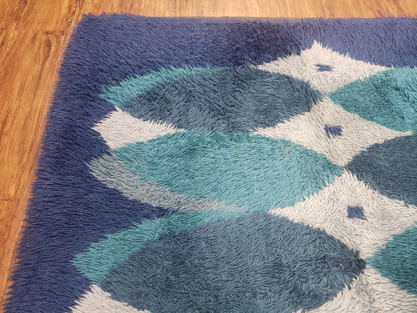 USED Blue Rya Rug, 1960s Mid-Century Modern Danish Shag Rug 4'6" x 6'7", Ege Rya, Abstract