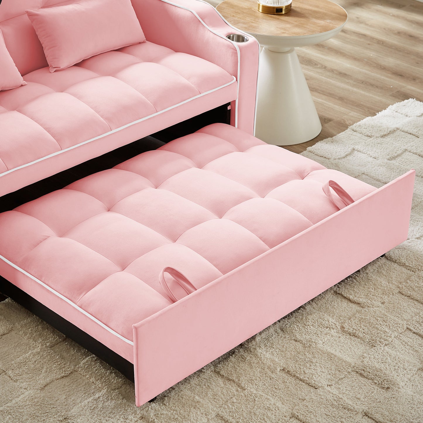 NEW 1 versatile foldable sofa bed in 3 lengths, modern sofa sofa sofa velvet pull-out bed, adjustable back and with USB port and ashtray and swivel phone stand (pink)
