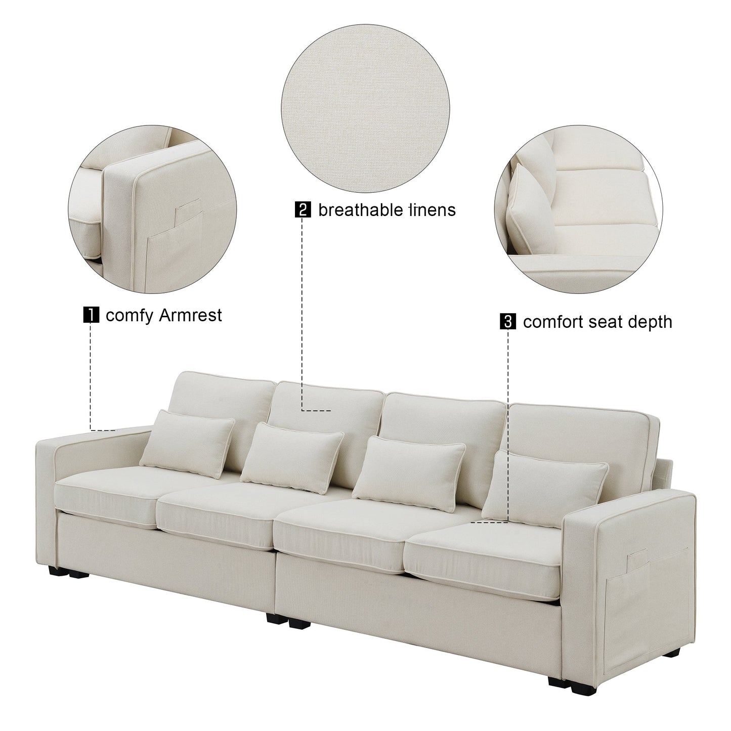 NEW 104' Four Seater Modern Linen Fabric Sofa Couch with Armrest Pockets and 4 Pillows