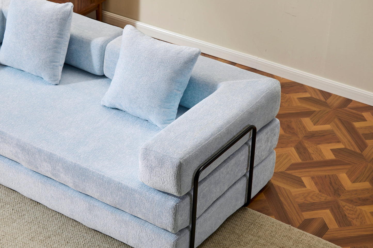 NEW Light Blue Chenille Fabric Floor Couch Compression Convertible Sofa Bed with Pillow Back Support Armrest Comfy Futon Couch Lounge Sleeper Bed
