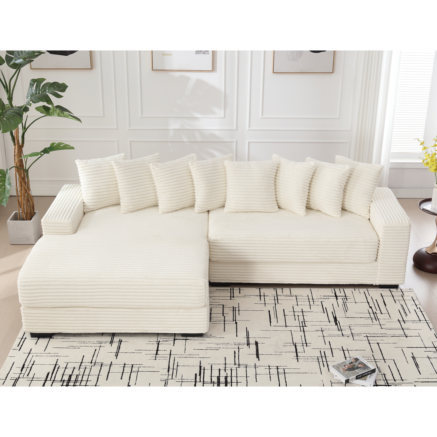 NEW Oversized Two-Piece  Couches,  L Shaped Sofa, Corduroy, Left Chaise Daybed,with Armrests,Eight Throw Pillows,Corner Sofa,Easy To Assemble, Beige