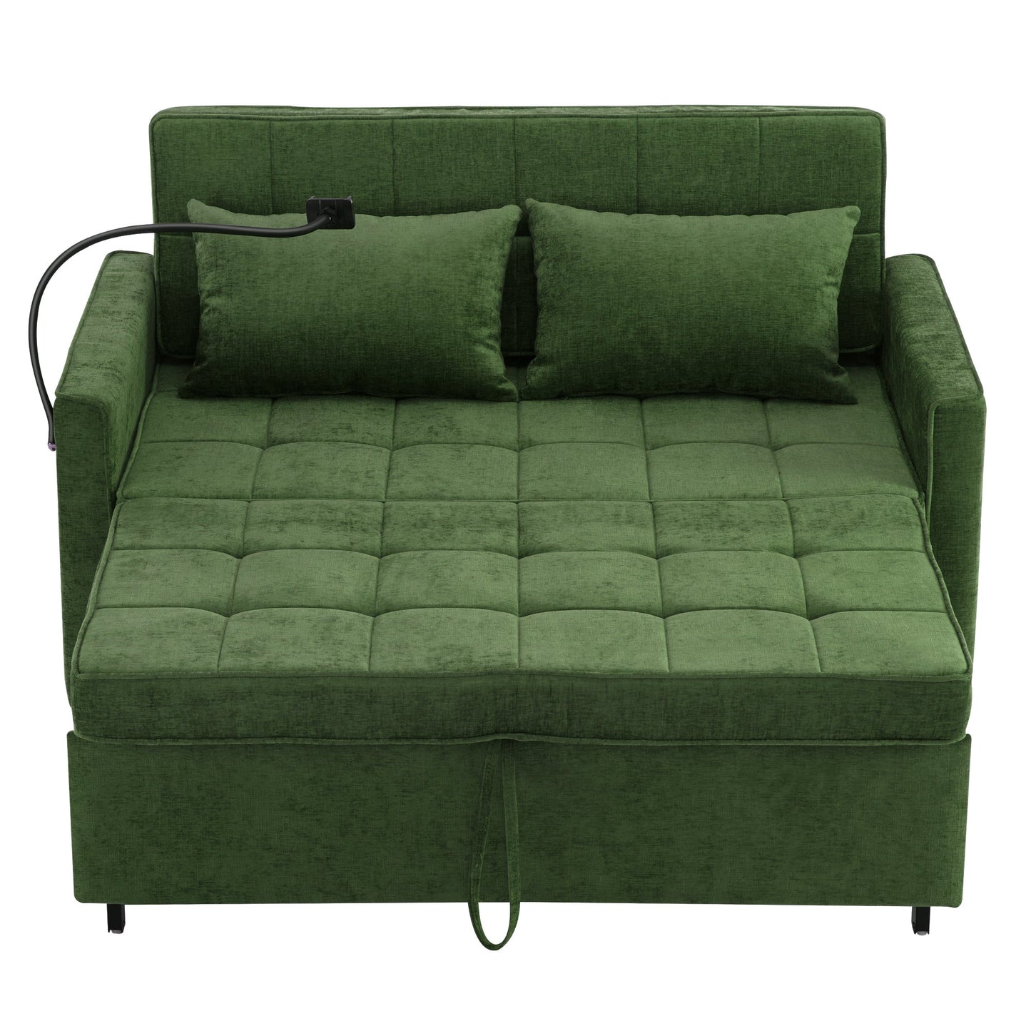 NEW 56.9' Convertible Loveseat Sofa Bed with Adjustable Backrest, USB Ports, Phone Holder, Side Pockets, Green Chenille,