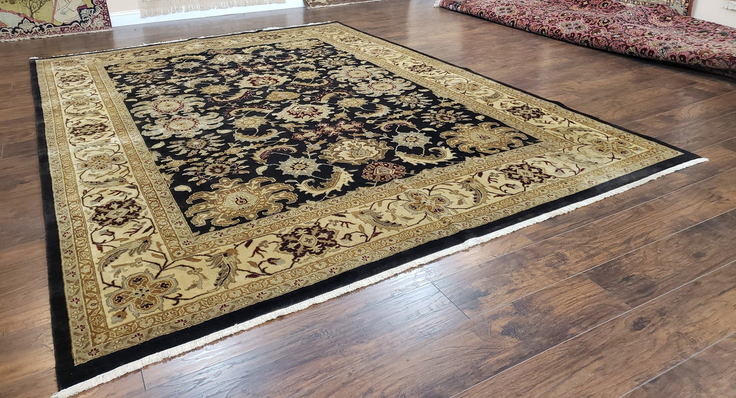 USED Indo Mahal Rug 8x12, Indian Sultanabad Handmade Area Rug, Vintage Hand-Knotted Wool Black Floral Traditional Oriental Dinning Room Rug