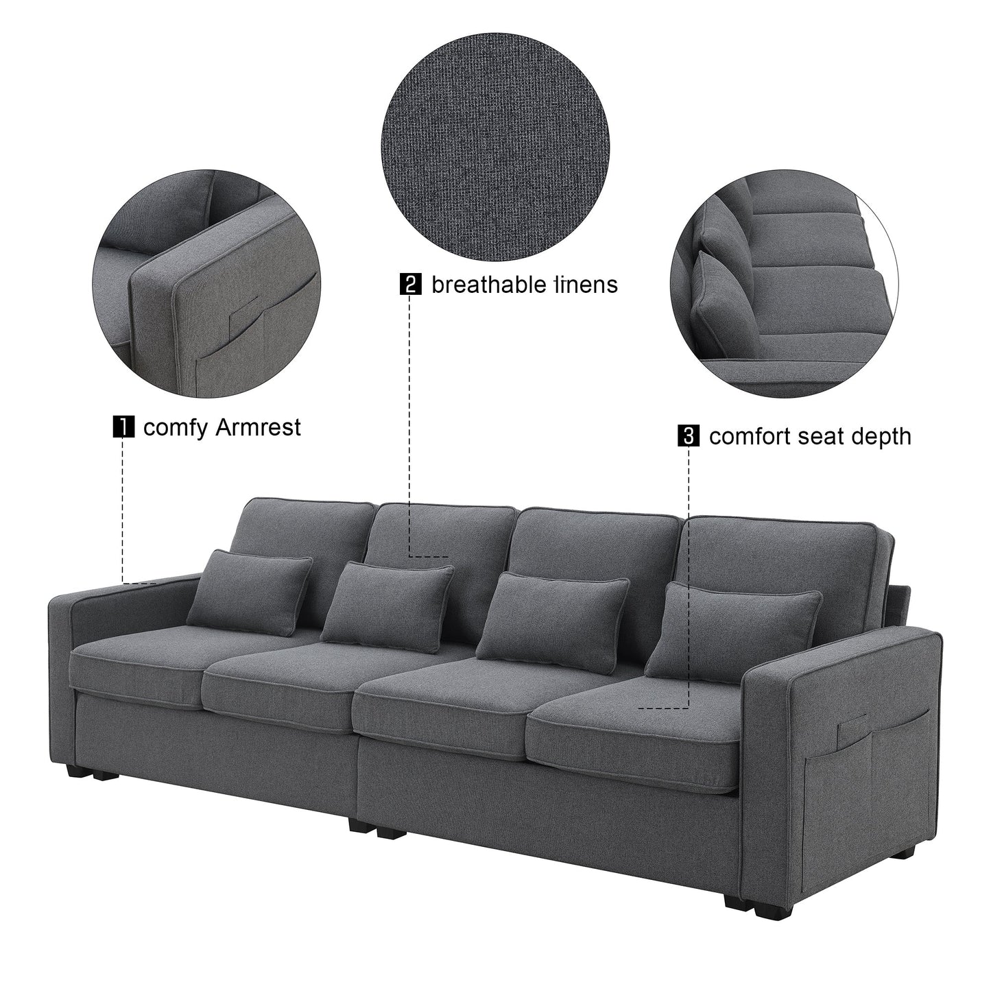 NEW 104' 4-Seater Modern Linen Fabric Minimalist Style Couch Sofa with Armrest Pockets and 4 Pillows
