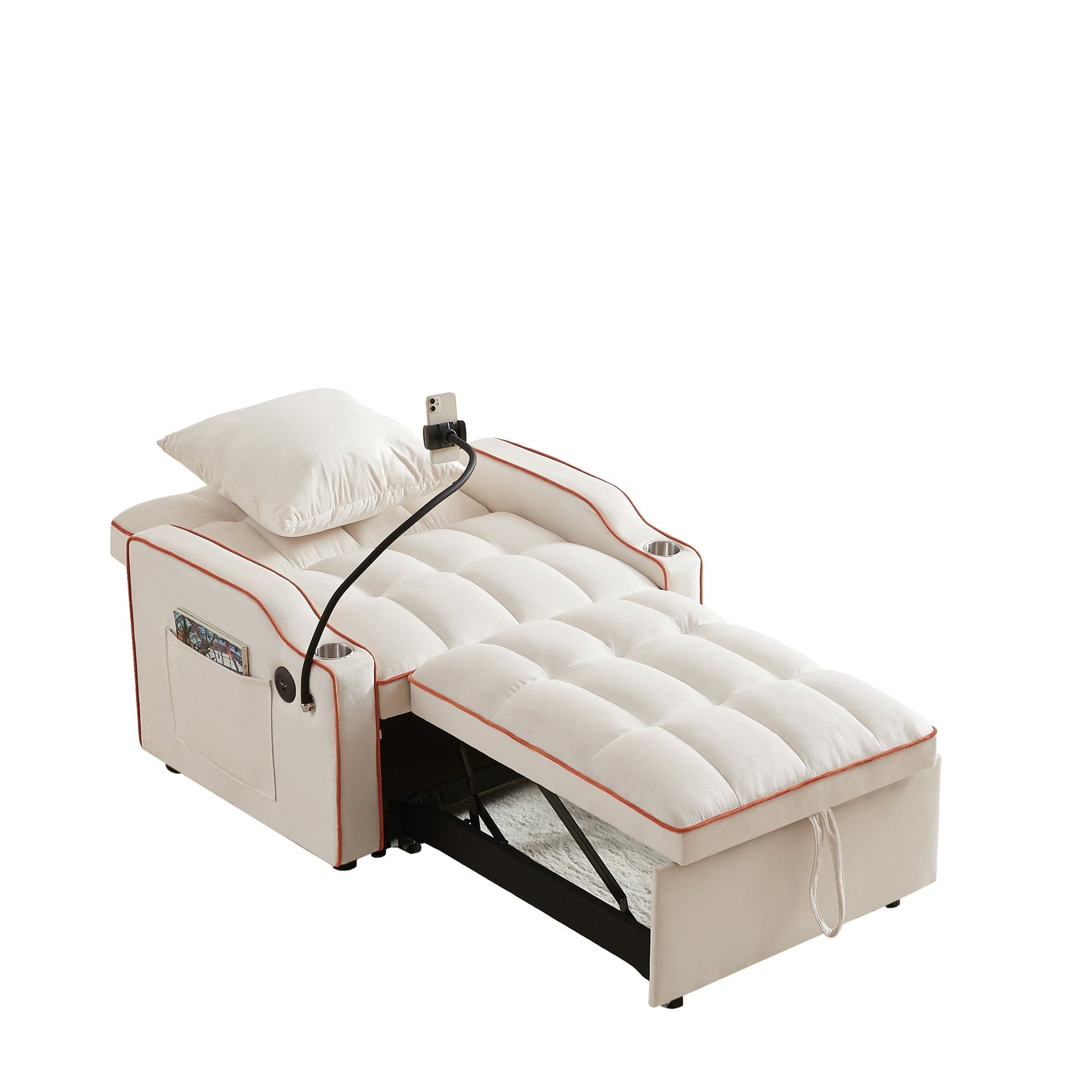 NEW Beige Velvet Convertible 3-in-1 Sofa Bed Couch with USB Port and Multi-Pockets