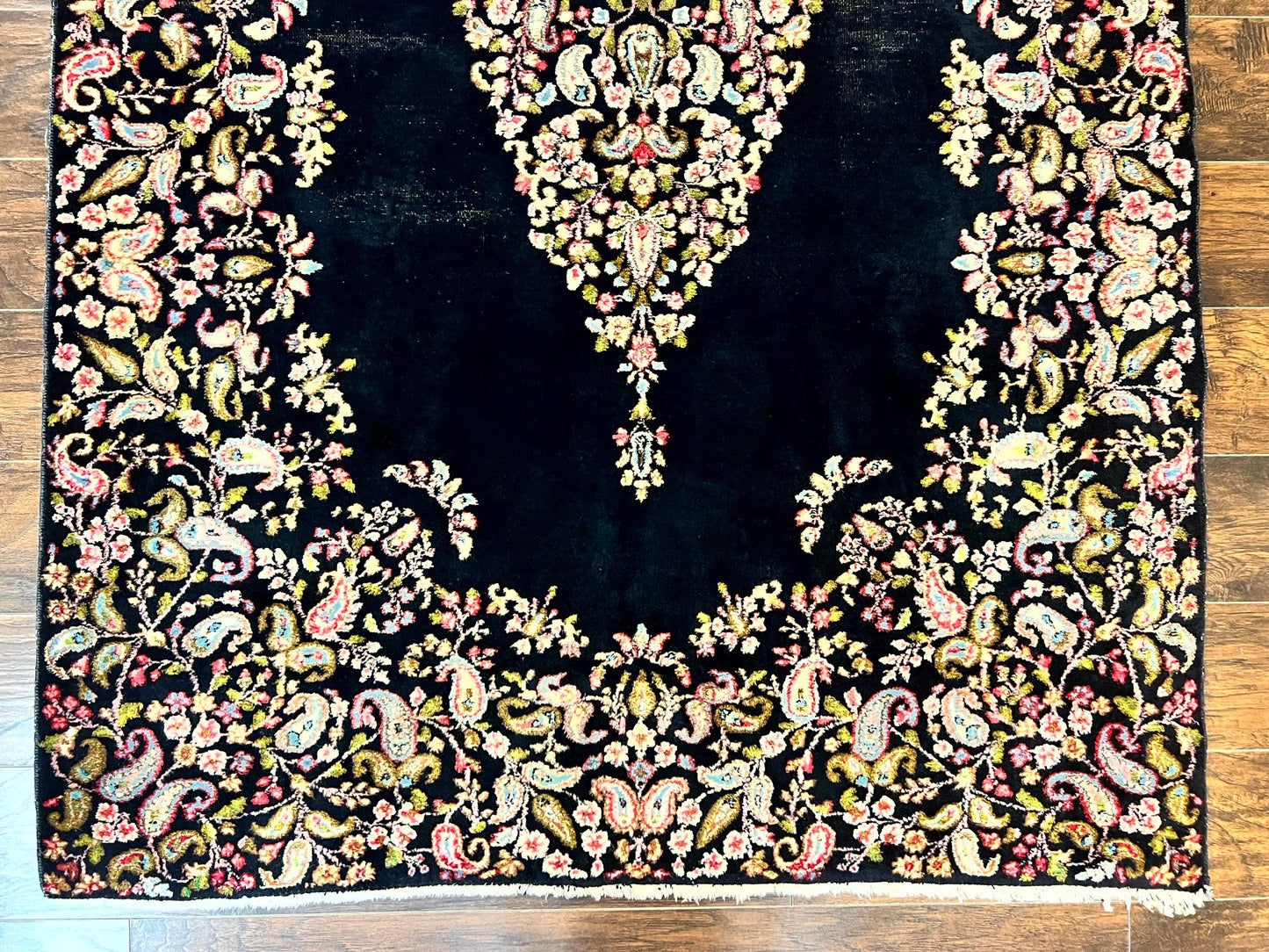 USED Antique Persian Kirman Rug 5x8, Floral Kirman, Midnight Blue/Black, Semi Open Field, Handmade Vintage Wool Carpet