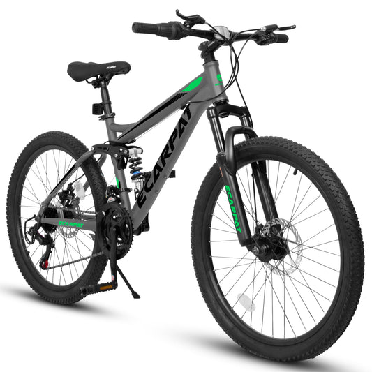 NEW A2460 24 Inch Mountain Bike with Full Suspension, 21 Speed Grip Shifters, High Carbon Steel Frame, Mechanical Disc Brakes, Unisex for Men/Women/ Adults, Ideal for Trails.
