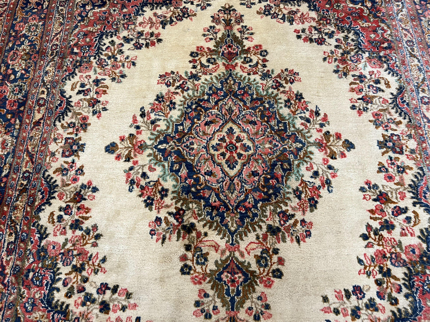 USED Persian Rug 9x10, Hamadan Rug, Antique Oriental Carpet, Wool Rug, Semi Open Field, Cream and Navy Blue, Kirman Design Hand Knotted Almost Square Rug