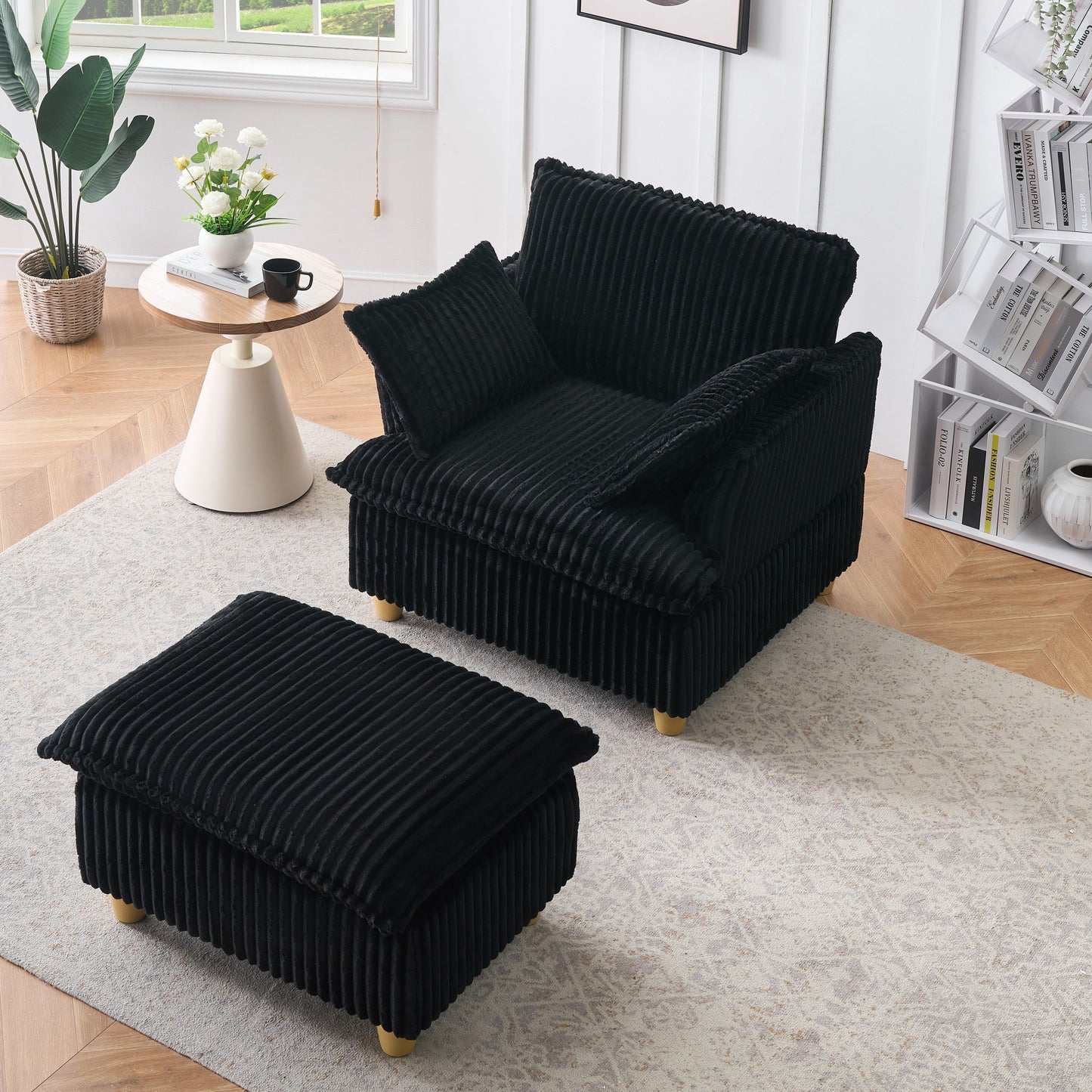 NEW Single-Seat with Ottoman and Throw Pillows Corduroy Chair Lounge