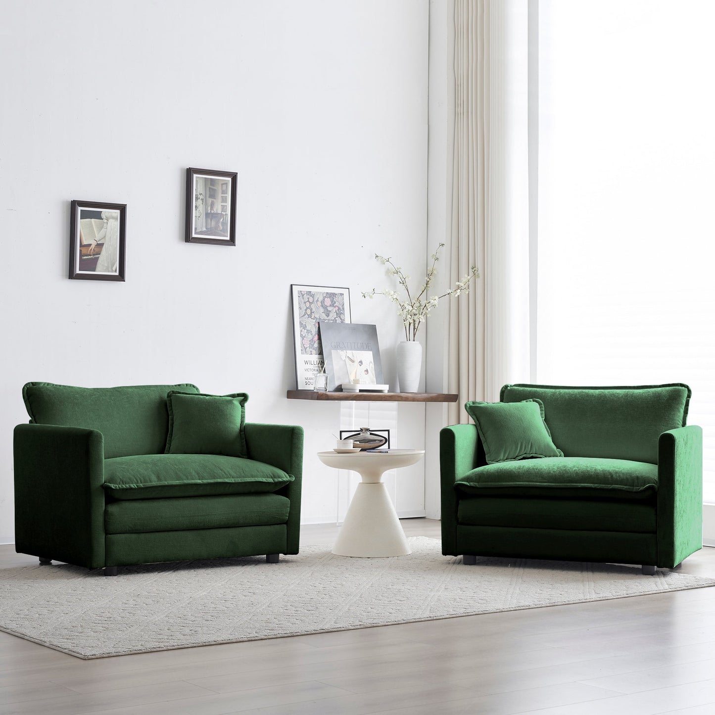 NEW Green Chenille 2pc High-end Chenille Upholstered Accent Side Arm Chairs with Toss Pillow