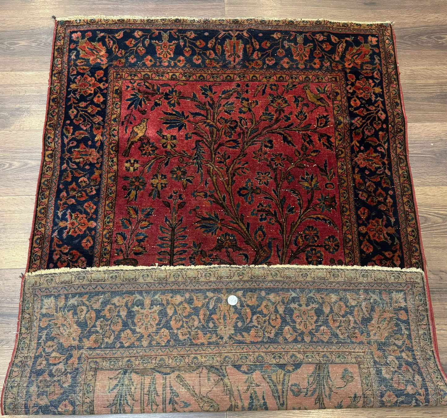 USED Antique Persian Tree of Life Rug 3x5, Manchester Wool, Bird Pictorials, Fine 240 KPSI, Red Navy Blue