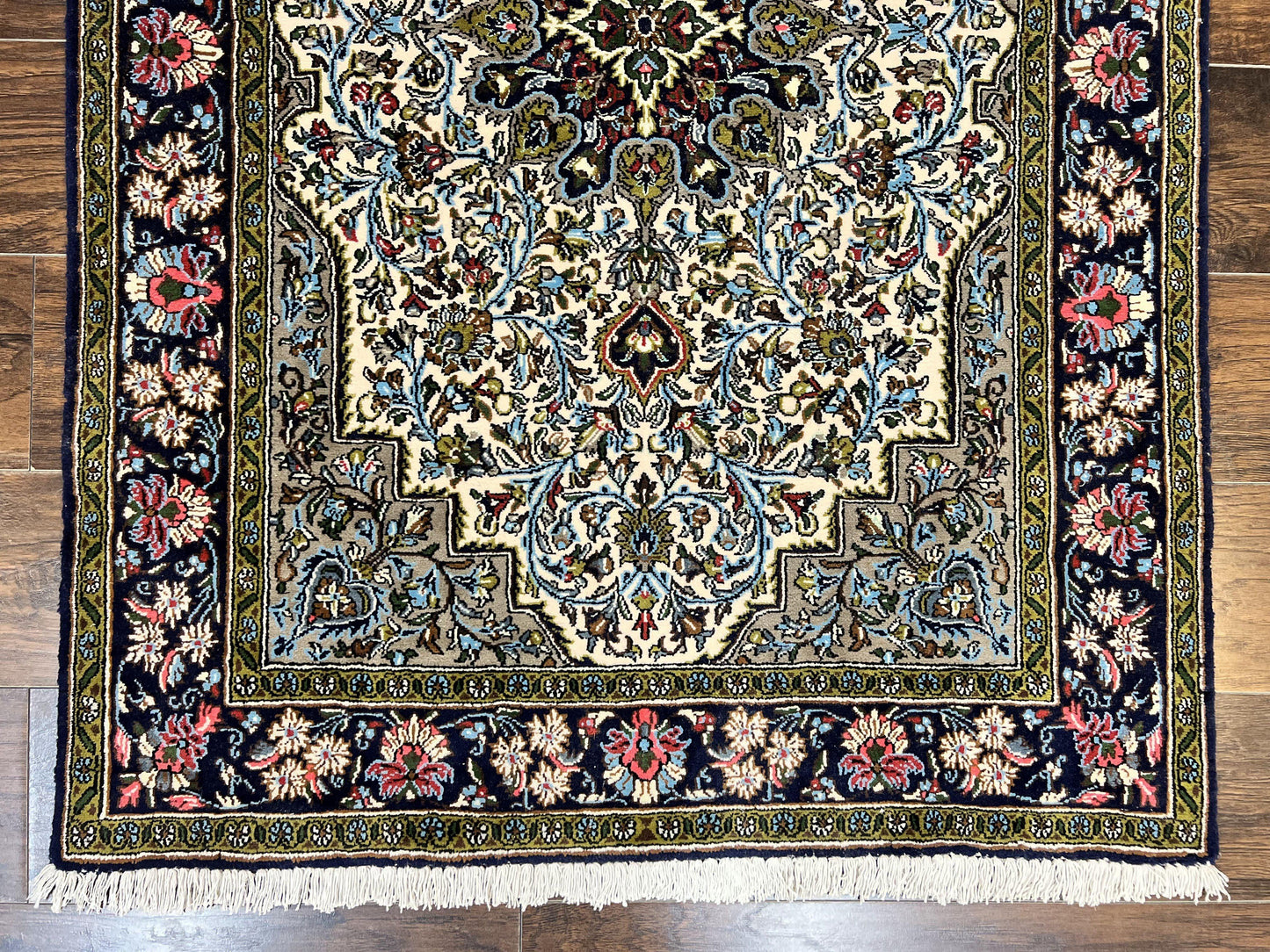 USED Persian Qum Rug 3x5, Wool with Silk Highlights, Handmade Semi Antique Carpet, Ivory & Navy Blue, Floral Medallion, Finely Hand Knotted