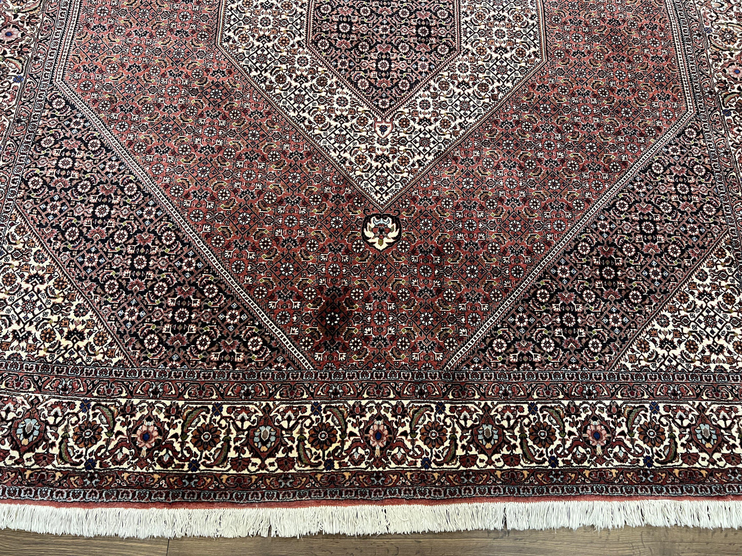 USED Wonderful Persian Bidjar Rug 7x8 ft, Almost Square Oriental Carpet, Herati Mahi, Highly Detailed, Ivory Red Navy Blue, Very Fine Handmade Bijar Rug