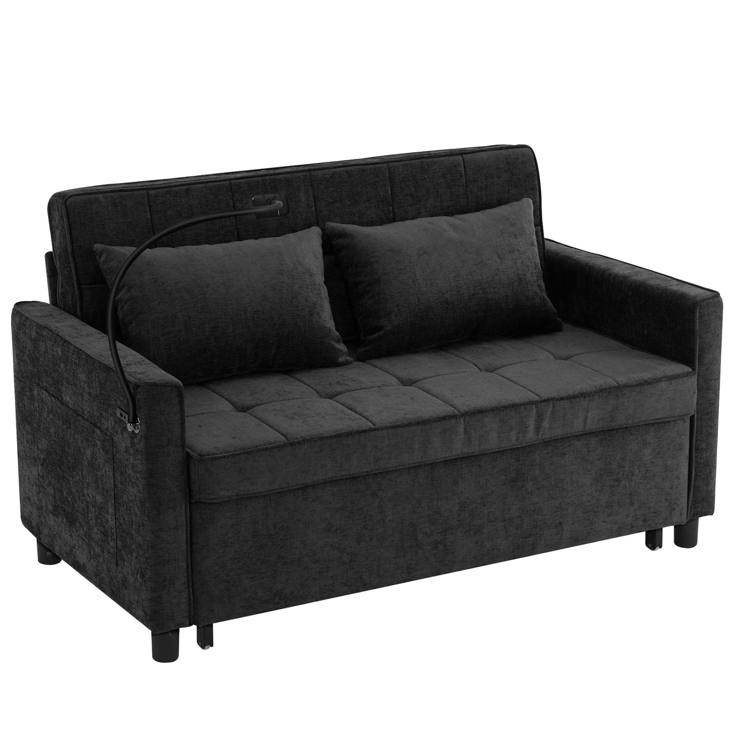 NEW Contemporary 56.9' Loveseat Sofa Bed Sleeper with Reversible Backrest, Side Pockets, USB Ports, Phone Holder, Black Chenille