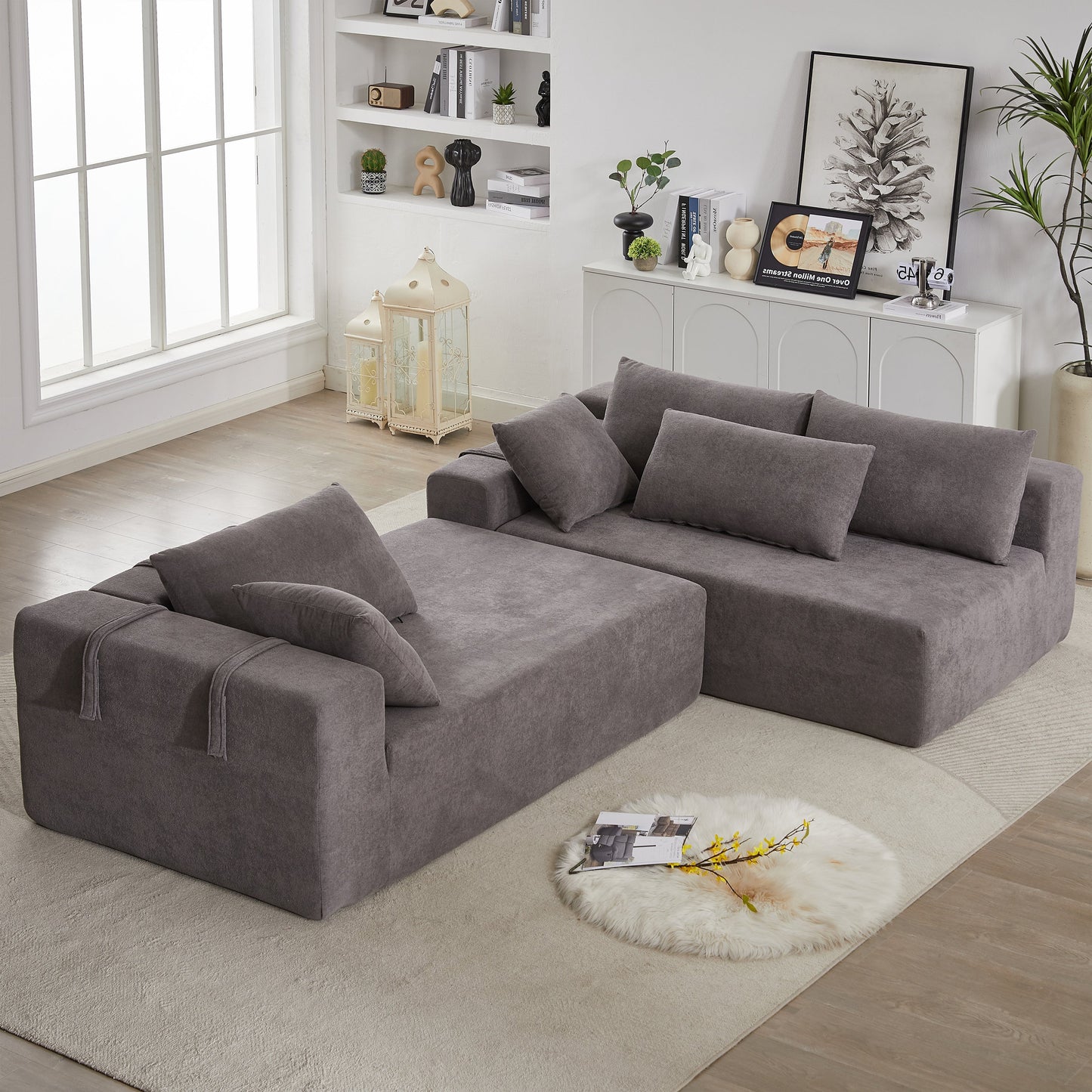 NEW Modern Chenille Upholstered Modular L Shaped Sectional Sofa Couch Set L Shaped Sectional Sofa Couch Set with Six Pillows