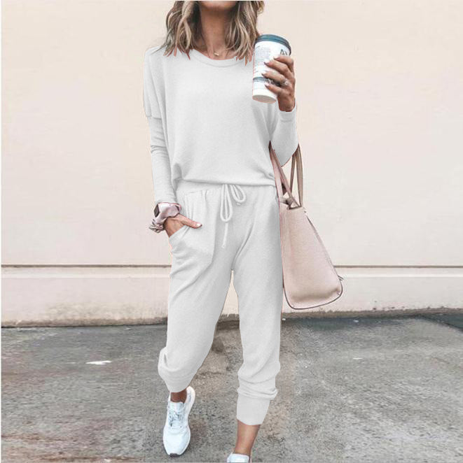New Women's Long Sleeve Suit Fashion Pullover Top And Pockets Drawstring Long Pants Solid Color Casual Sports Trouser Suit Clothing