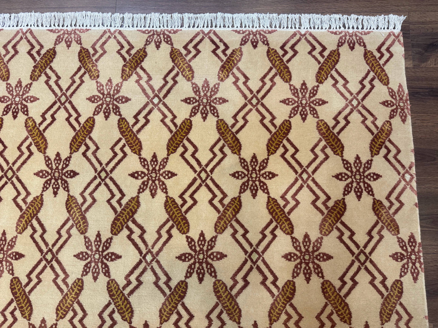USED Tibetan Rug 8x10, Wool with Silk Highlights, Beige and Maroon, Contemporary Carpet