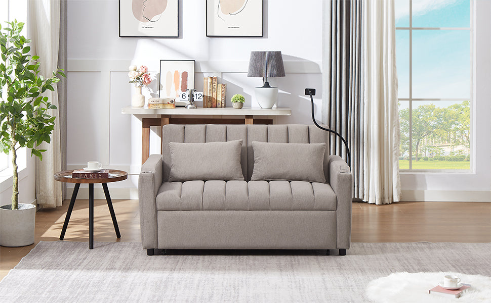 NEW Convertible Sofa Bed Loveseat with USB Ports, Side Pockets, Cup Holders & Swivel Phone Holder, Light Grey Bella Fabric