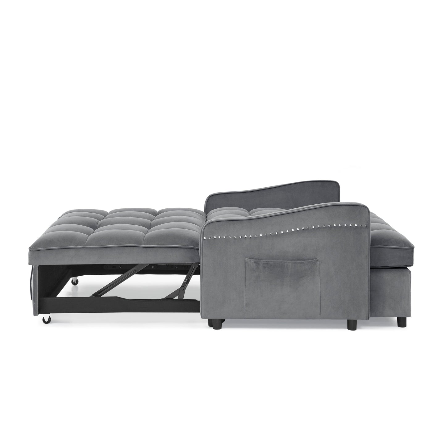 NEW Grey Copper Nail Loveseat Sofa Bed with Pull-out Bed Adjustable Back and Two Arm Pocket TypeC USB Charging
