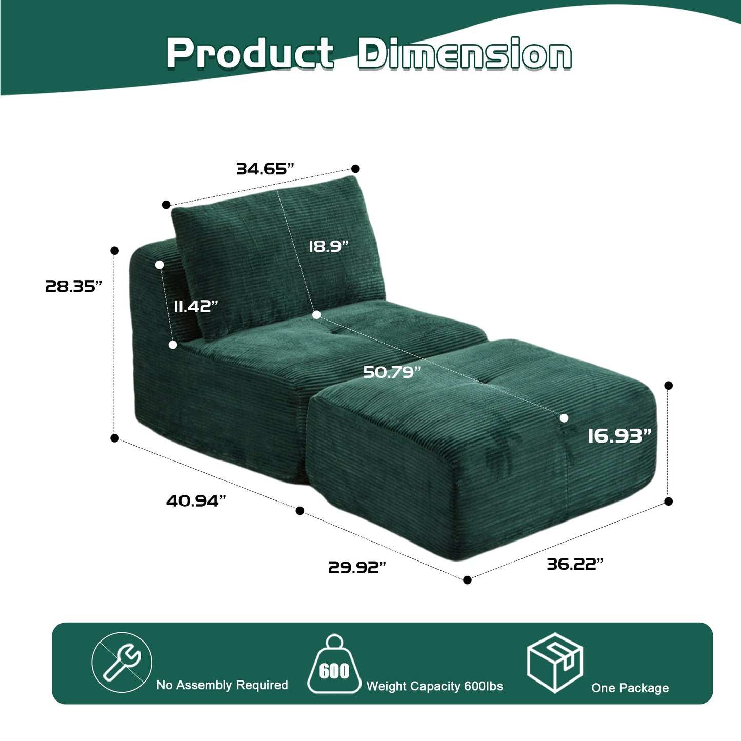 Modern Memory Foam Compressed Sofa,Single Chaise Longue for Living Room,Pet-Friendly Cloud Modular Sectional Sofa,Corduroy Fabric,Movable Ottoman,No assembly required,Green