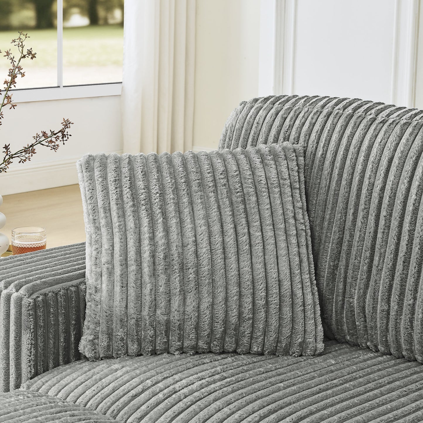 NEW Corduroy Tufted Upholstered Sleeper Sectional L-Shaped Modular Convertible Sofa with Arc-Shaped Footstool