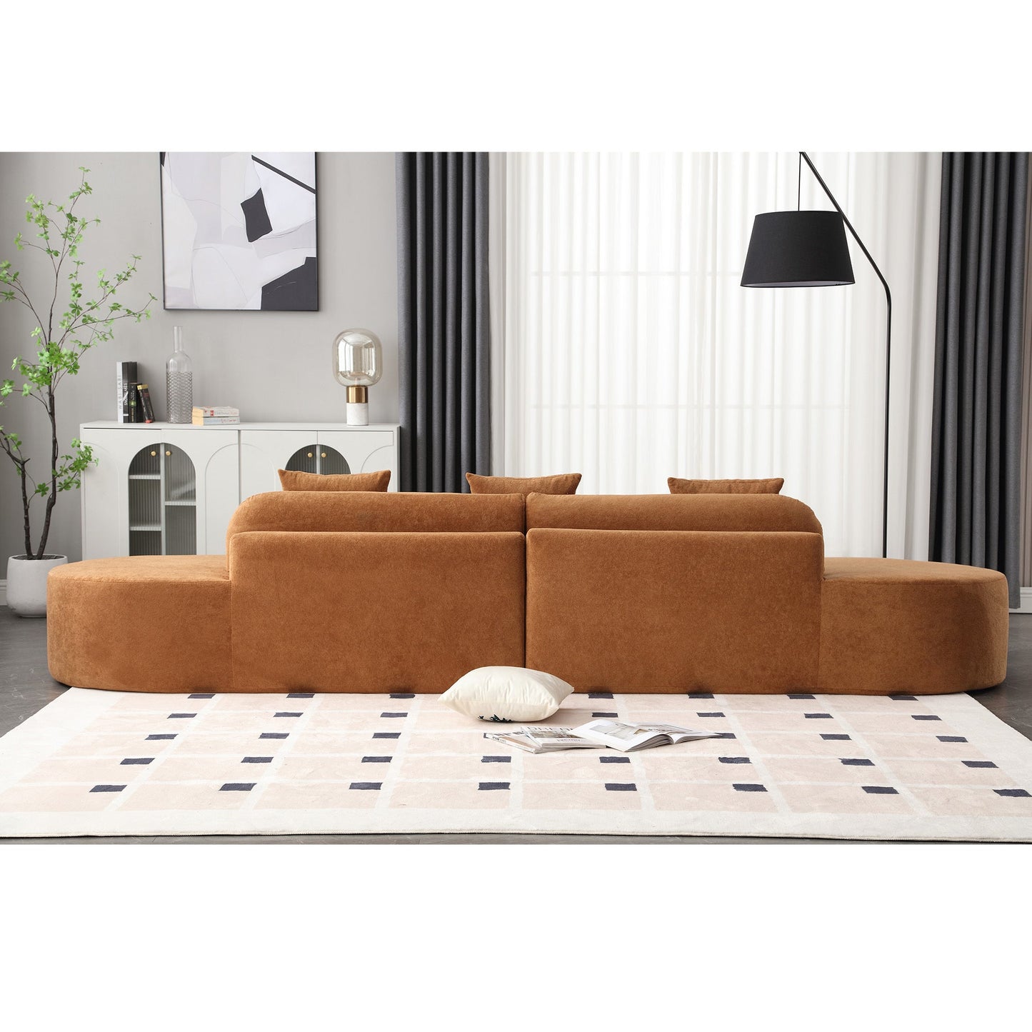 NEW  Modern curved combination sofa, terrycloth fabric sofa, minimalist sofa in living room, apartment, no assembly required, three pillows,Browm