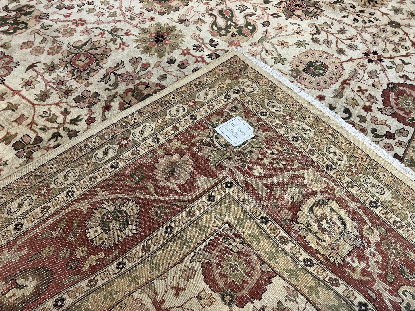 USED Large Indian Rug 10x14, Hand Knotted Indo Persian Gandehar Oriental Carpet, Vintage Wool Rug 10 x 14 ft Cream Red Floral Allover Traditional
