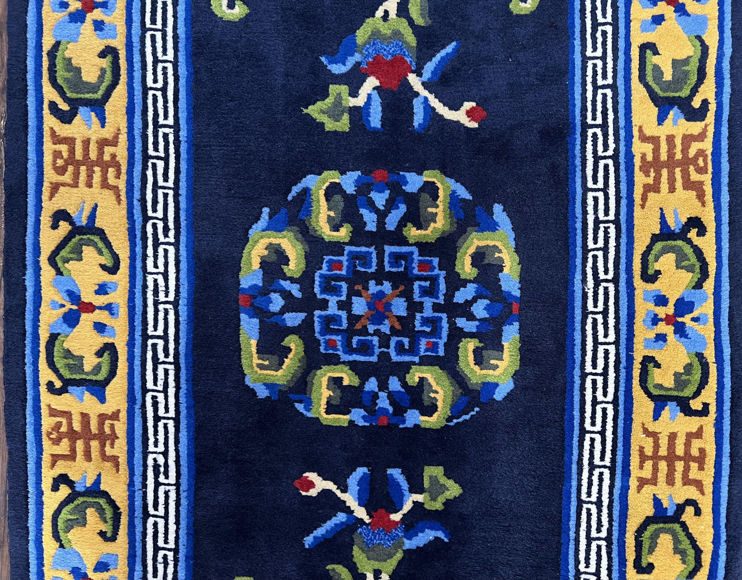 USED Chinese Art Deco Rug 3 x 5.9, Handmade Chinese Peking Carpet, Dark Blue and Gold, Medallion, Asian Oriental 3x6 Hand Knotted Vintage Rug