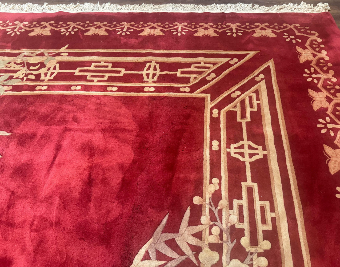 USED Palace Size Chinese Wool Rug 12x18, Red Art Deco Chinese Carving Carpet, Butterflies Flowers