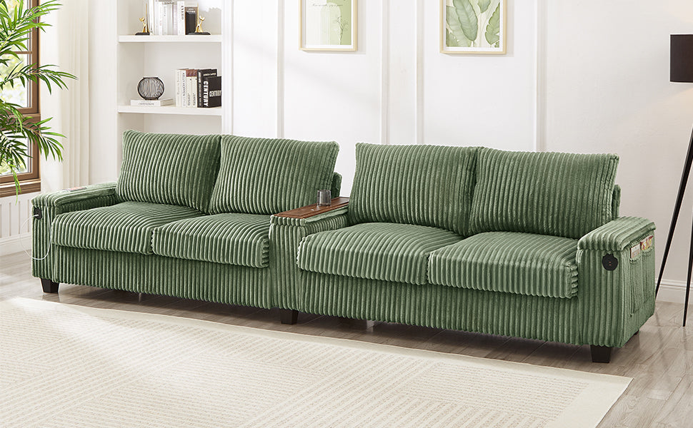 NEW Modern 4-Seater Green Corduroy Sofa with USB Ports Hidden Storage Arms and Flip-Top Cup Holders