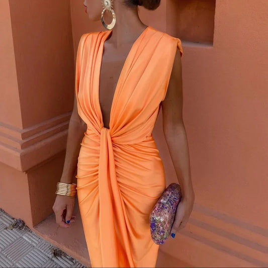 New Solid Color Lace High Waist V-neck Dress