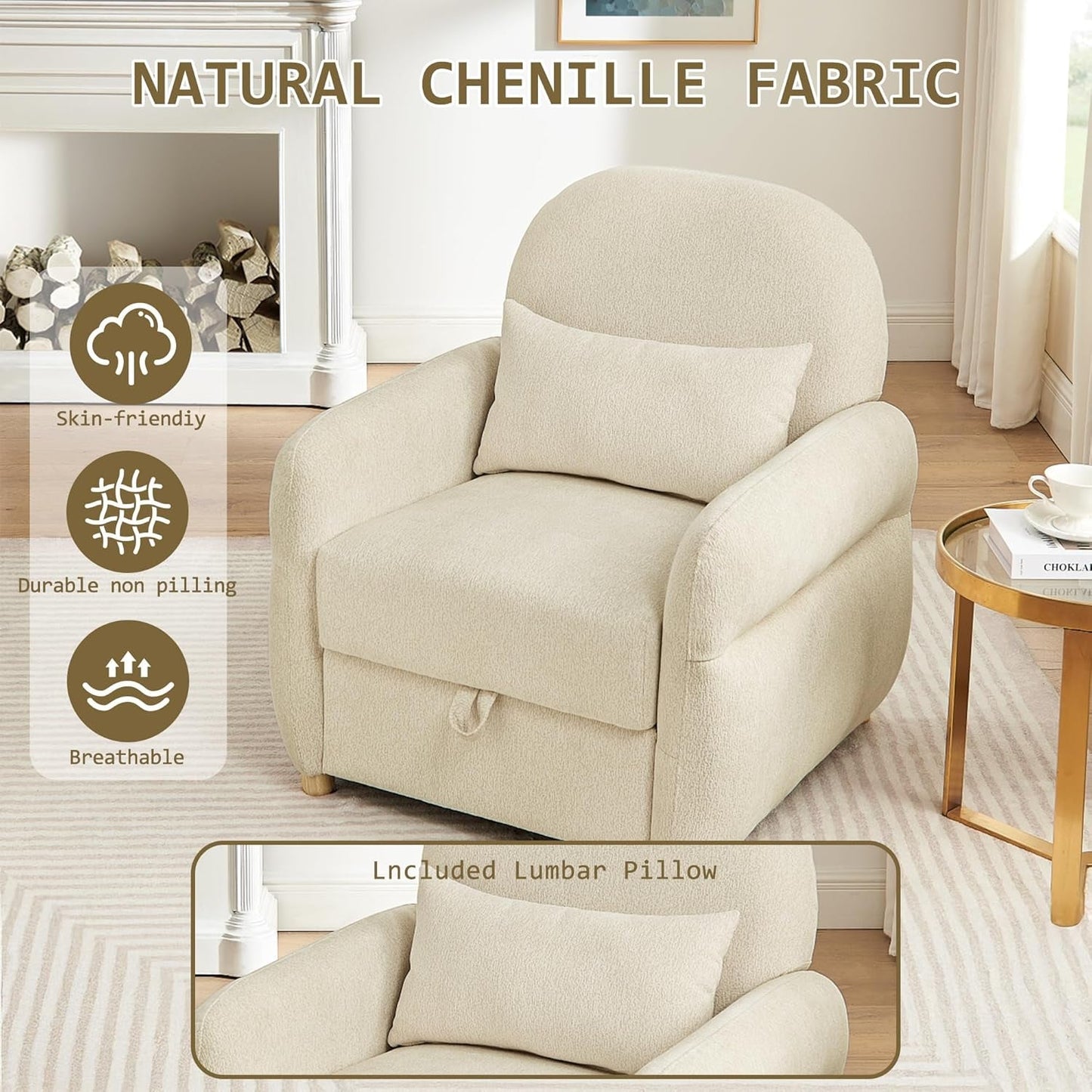 NEW Beige Contemporary Accent Chair With Generous Storage