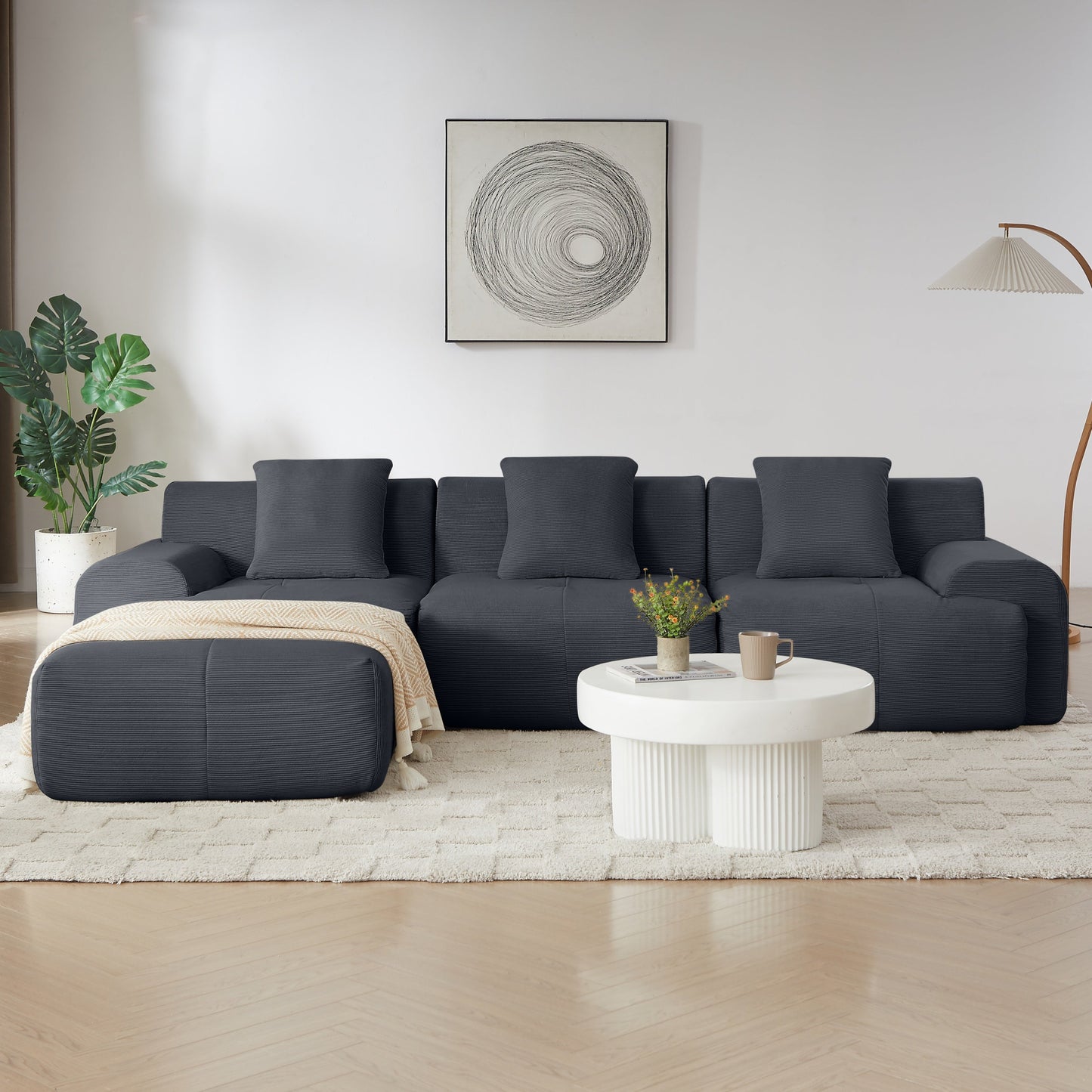 NEW Modern L-Shaped Modular Sectional Sofa with Corduroy Upholstery in Dark Gray, Oversized 3-Seater Couch with Deep Seat and Movable Ottoman – No Assembly Required