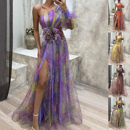 New Mesh Tie-dye Printed Off-shoulder Slit Dress Summer INS Fashion Long Dress Party Womens Clothing