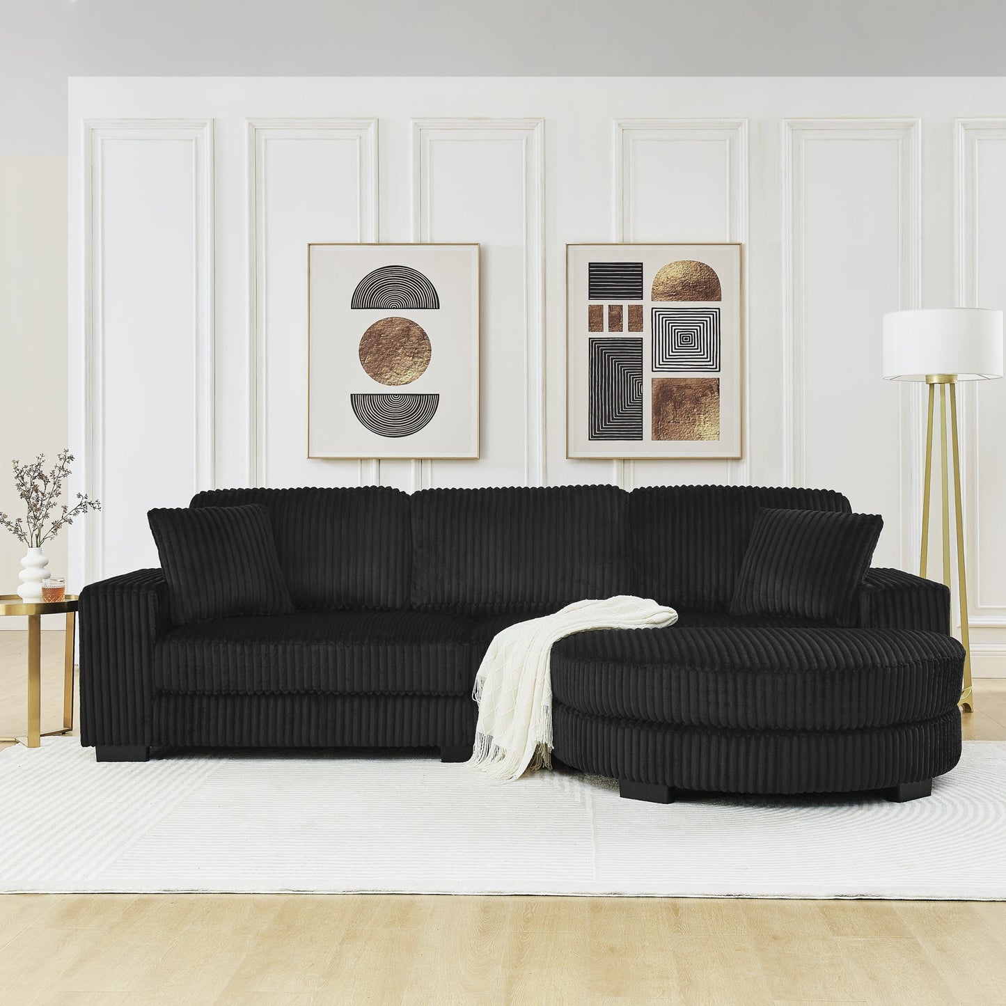 NEW Black Corduroy Tufted Upholstered Sleeper Sectional Sofa, L-Shaped Modular Convertible Sofa with Arc-Shaped Footstool