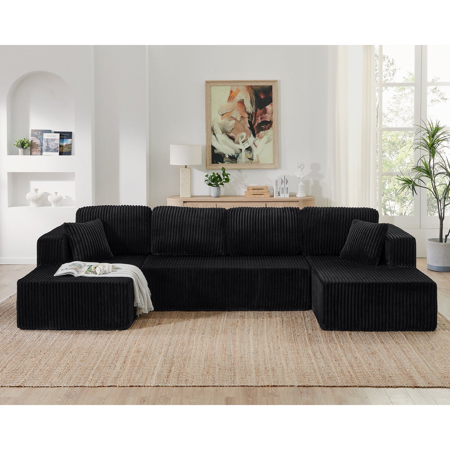 NEW Modern Black Corduroy Minimalist U-Shape Modular Sectional Sofa Sleeper