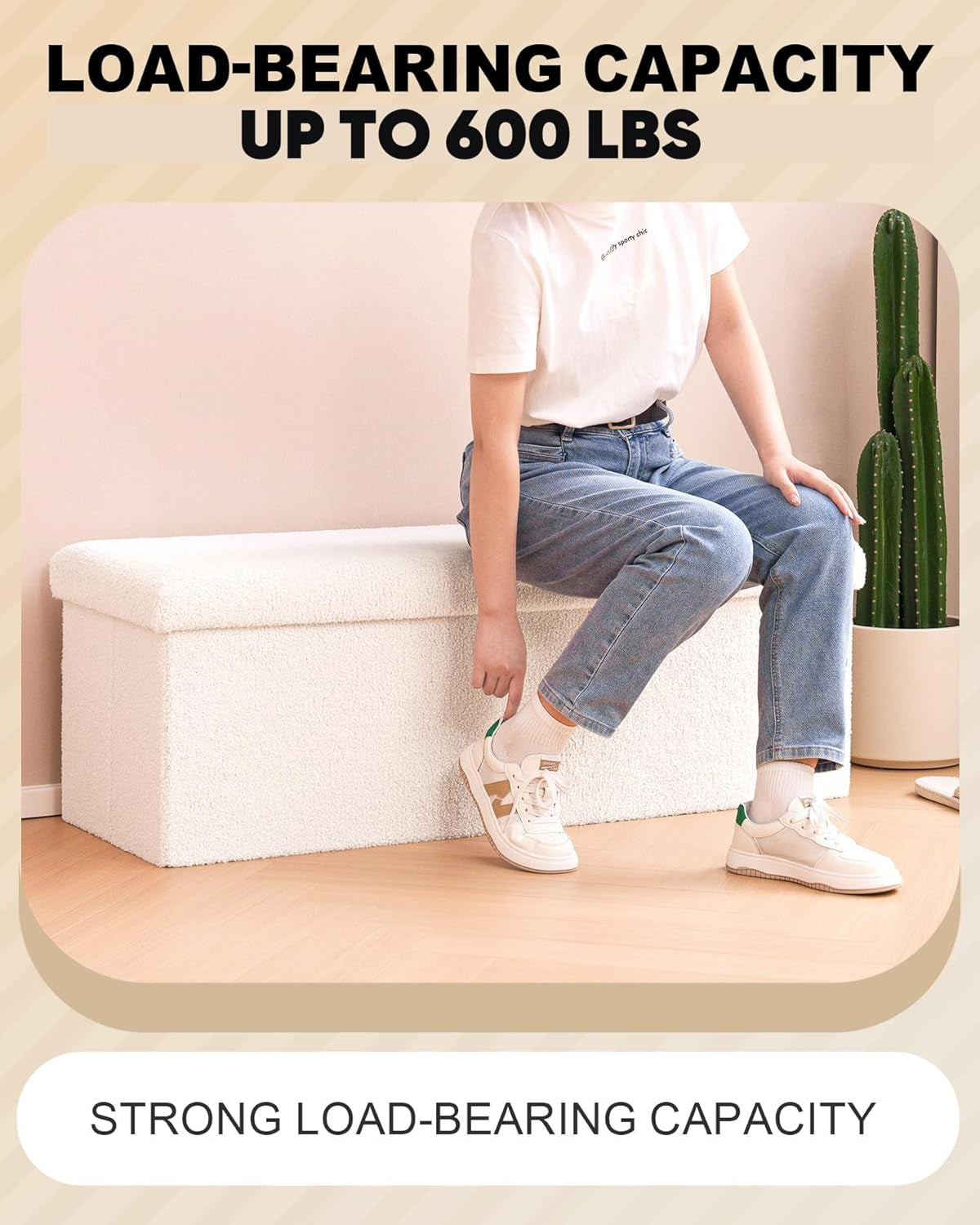 NEW Cream White Faux Fur Storage Ottoman 43.3 Inch Dimensions