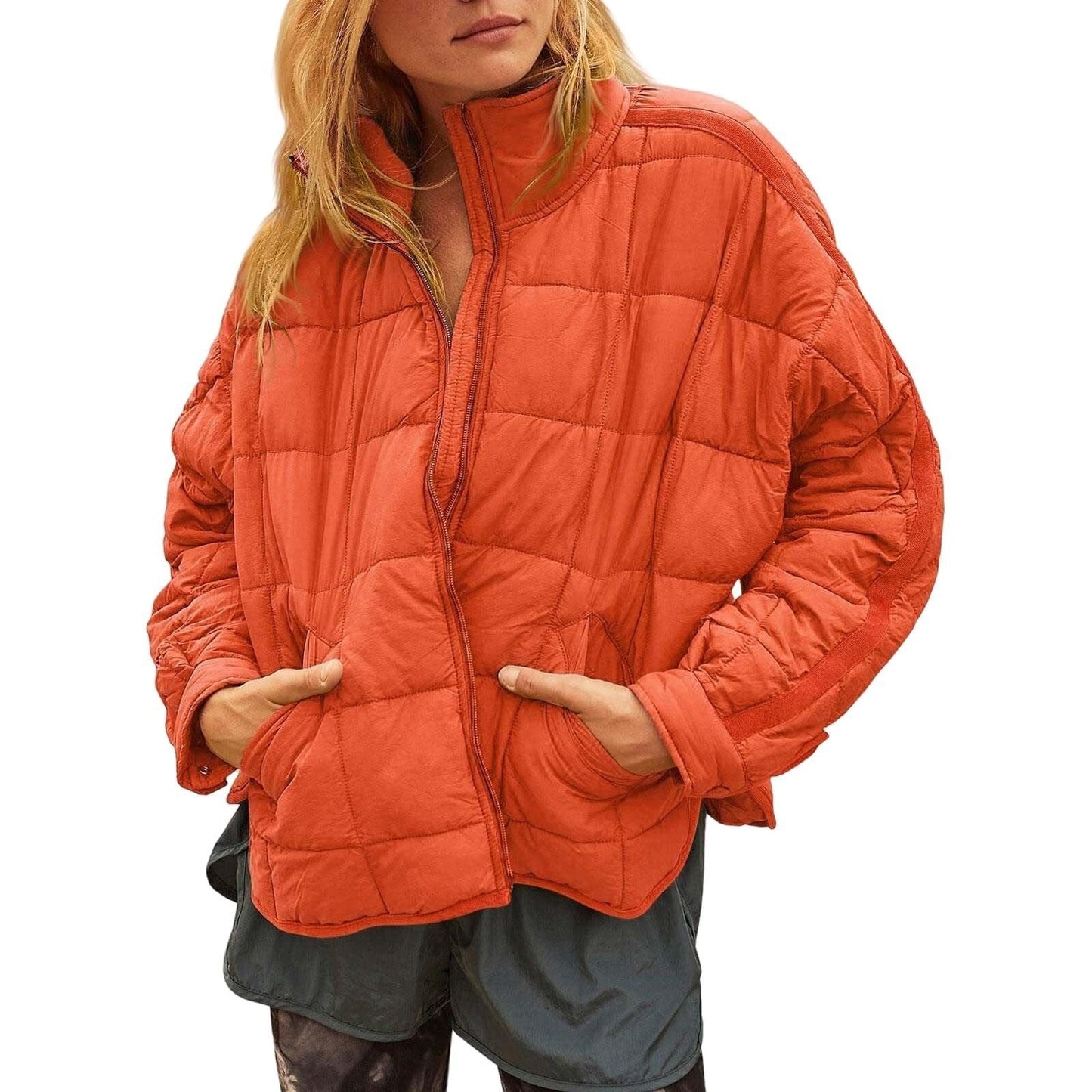 New Winter Zip-up Stand Collar Coat With Pockets Fashion Solid Color Plaid Long Sleeved Jacket Women's Clothing